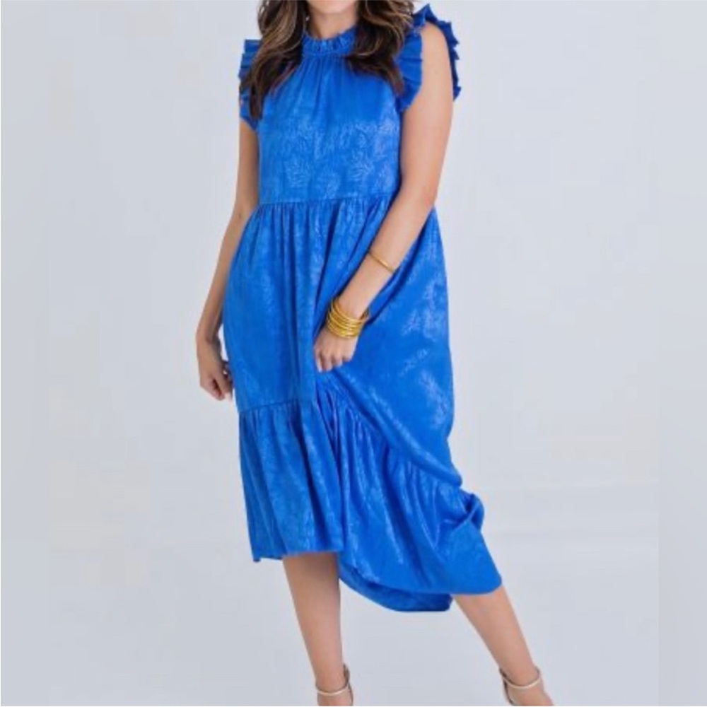 $112 Karlie royal blue ruffle tiered midi dress with a high-low hem L